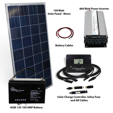 the 190 Watt Solar with 800 Watt Inverter Off Grid Kit with labels on the picture