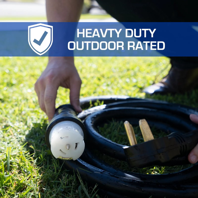 the 50-Amp 6-Gauge Generator Power Cord is rated heavy duty for outdoor use