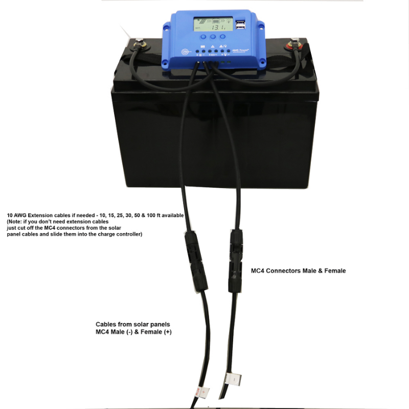 AIMS Power 10 Amp PWM Solar Charge Controller with a battery and cables