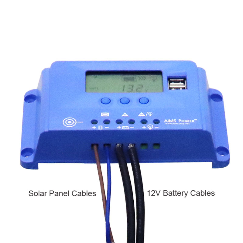 AIMS Power 10 Amp PWM Solar Charge Controller with solar panel cables and battery cables