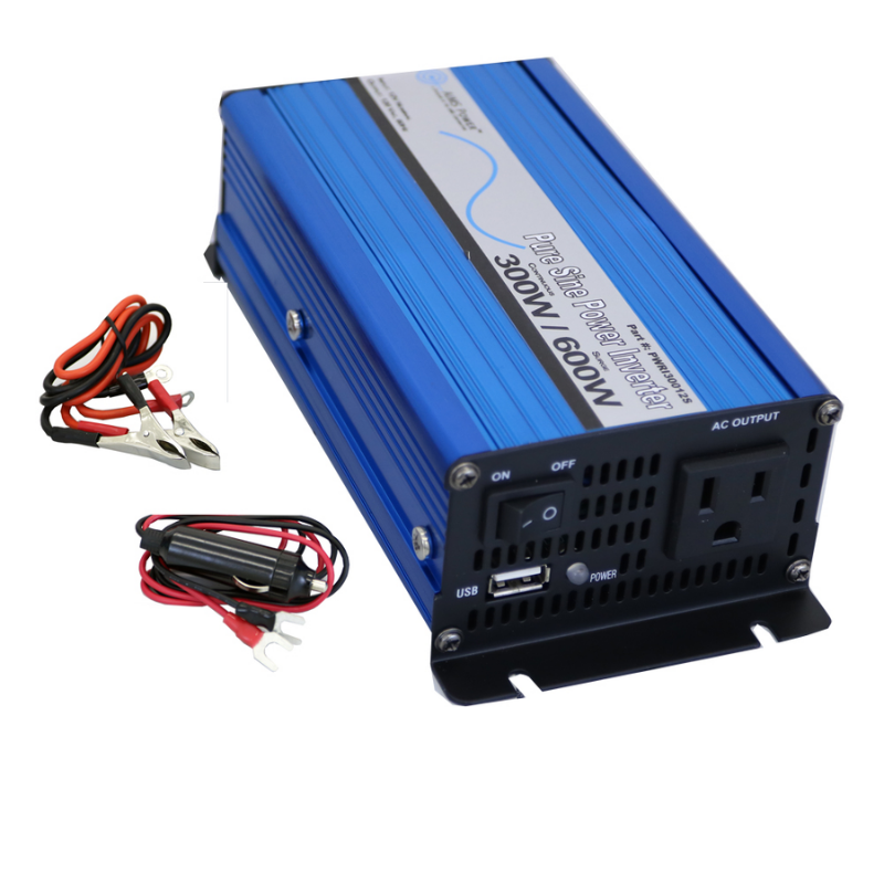 AIMS Power 300 Watt Pure Sine Inverter 12 Volt front, side, and top view with cords