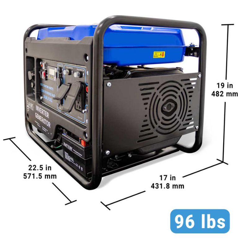 AIMS Power 3850-Watt Dual Fuel Inverter Generator - GEN3850W120VD dimensions and front and side view