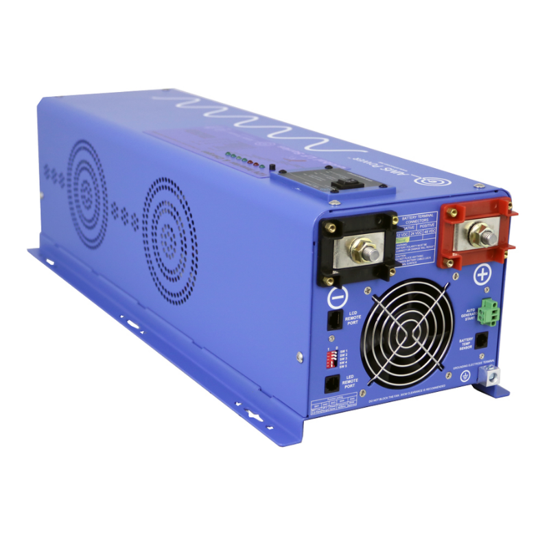 AIMS Power 4000 Watt Pure Sine Inverter Charger - 12 VDC to 120/240VAC - view of the side and terminals and fans