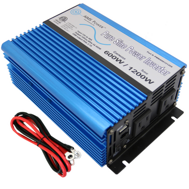 AIMS Power 600 Watt Pure Sine Inverter 12 Volt front, side, and top view with cords