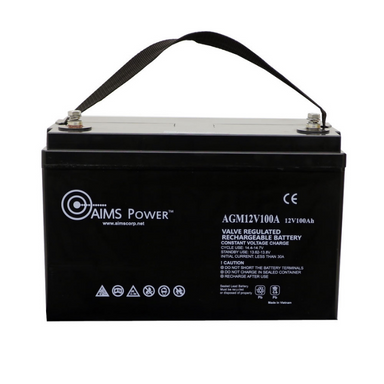 AIMS Power AGM 12V 100Ah Deep Cycle Battery Heavy Duty - AGM12V100AH front view with strap