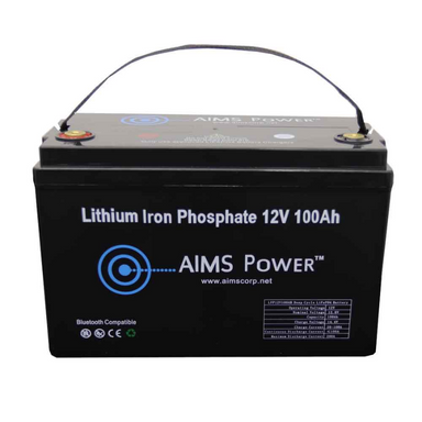 AIMS Power Lithium Battery 12V 100Ah LiFePO4 Lithium Iron Phosphate with Bluetooth Monitoring front view with handle strap