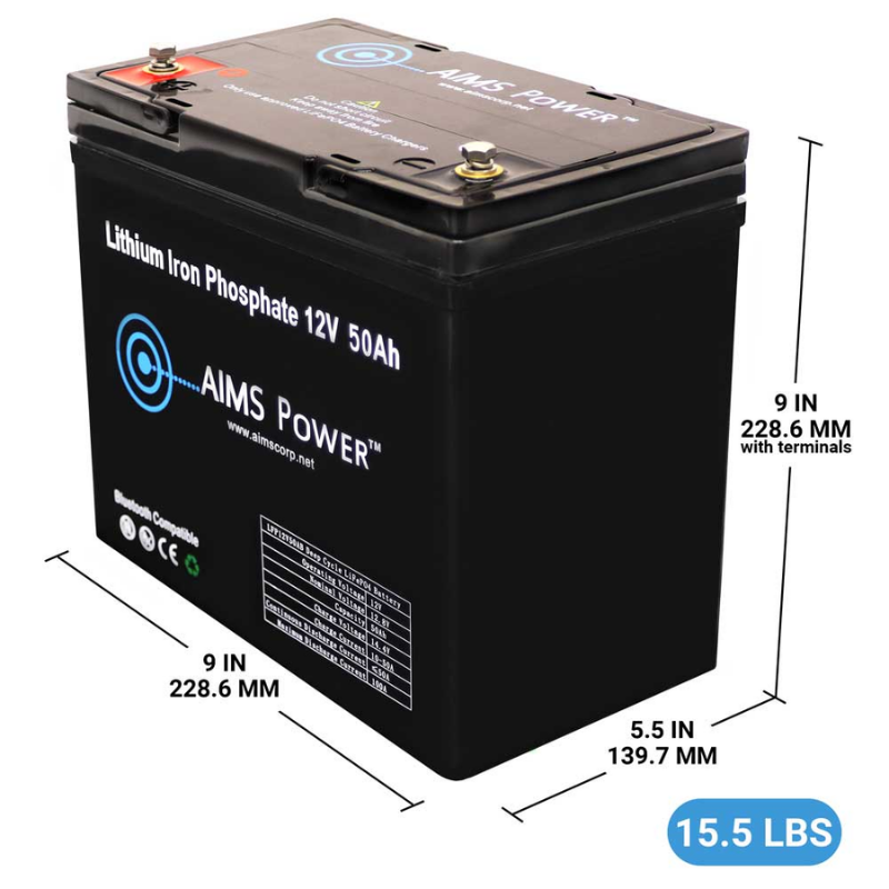 AIMS Power Lithium Battery 12V 50Ah LiFePO4 Lithium Iron Phosphate with Bluetooth Monitoring dimensions