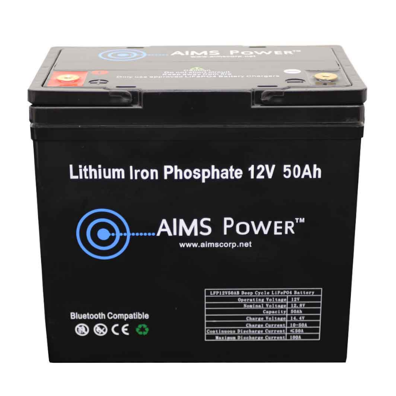 AIMS Power Lithium Battery 12V 50Ah LiFePO4 Lithium Iron Phosphate with Bluetooth Monitoring front view