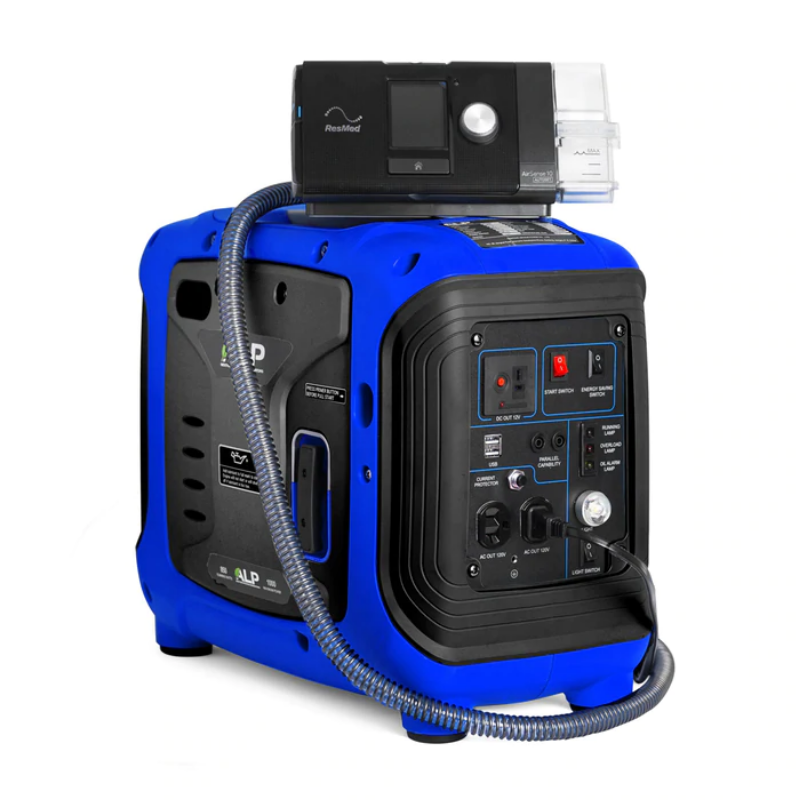 ALP Portable 100W Propane Generator Black and Blue front and side view with a radio plugged in