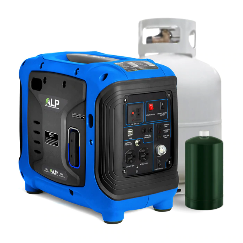 ALP Portable 100W Propane Generator Black and Blue front and side view with propane tank in the background