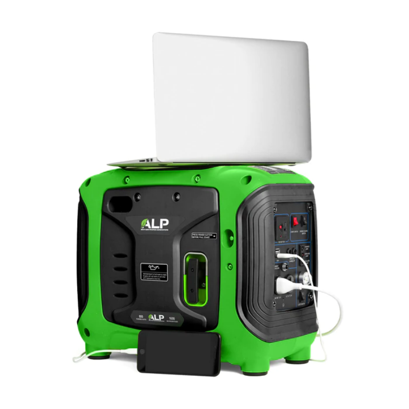 ALP Portable 100W Propane Generator Green and Black with laptop plugged in