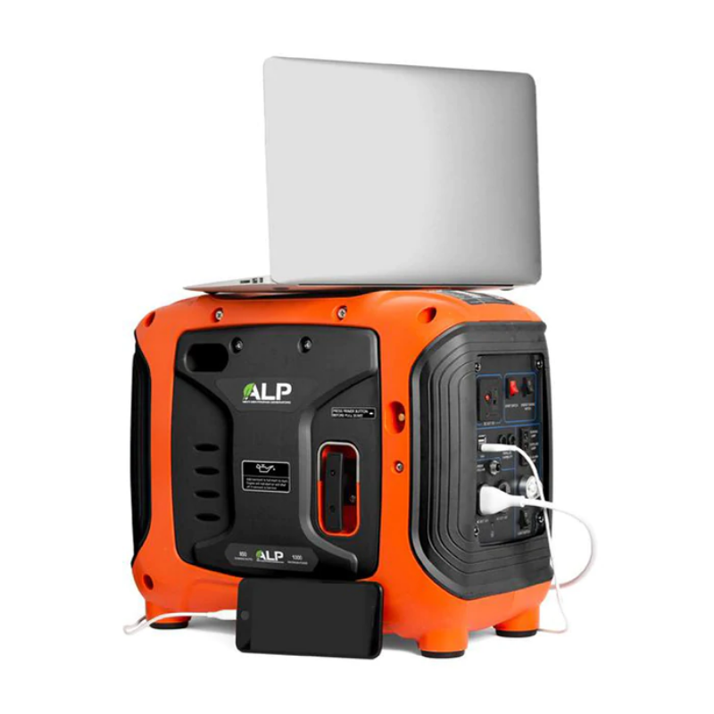 ALP Portable 100W Propane Generator Orange and Black with laptop plugged in