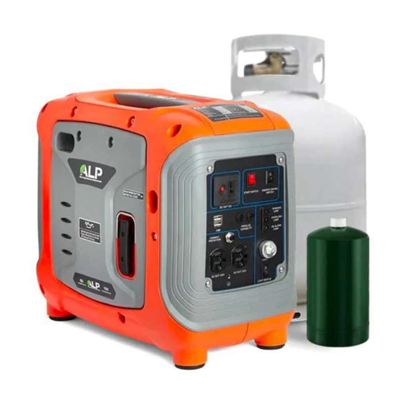 ALP Portable 100W Propane Generator Orange and Gray front and side view with propane tank in the background