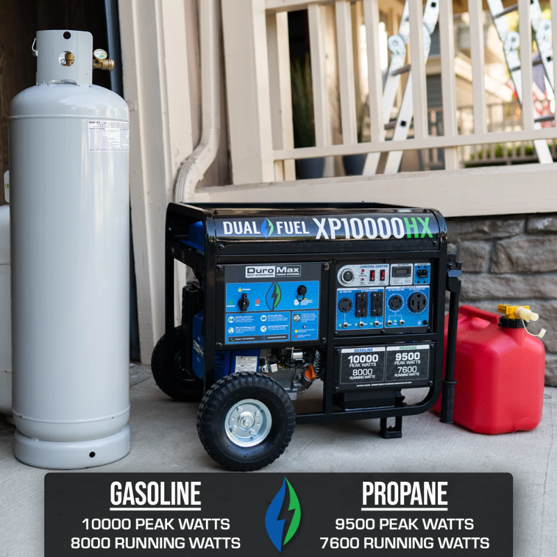 gasoline or propane can be used to power the DuroMax 10000 Watt Dual Fuel Portable HX Generator w/ CO Alert