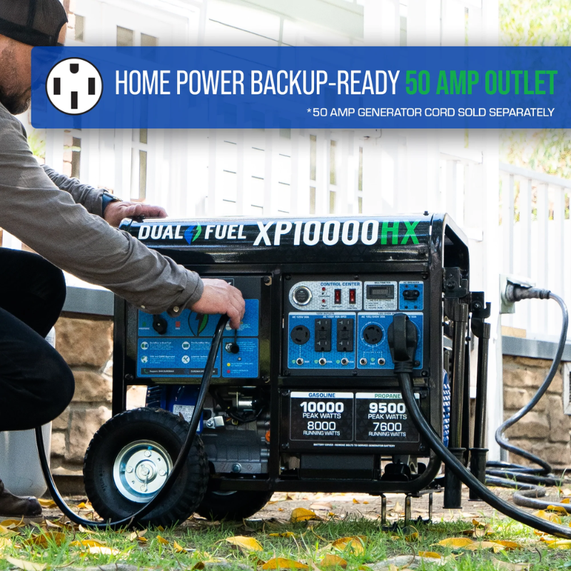 the DuroMax 10000 Watt Dual Fuel Portable HX Generator w/ CO Alert has a 50 amp outlet