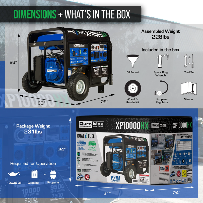 dimensions of the DuroMax 10000 Watt Dual Fuel Portable HX Generator w/ CO Alert