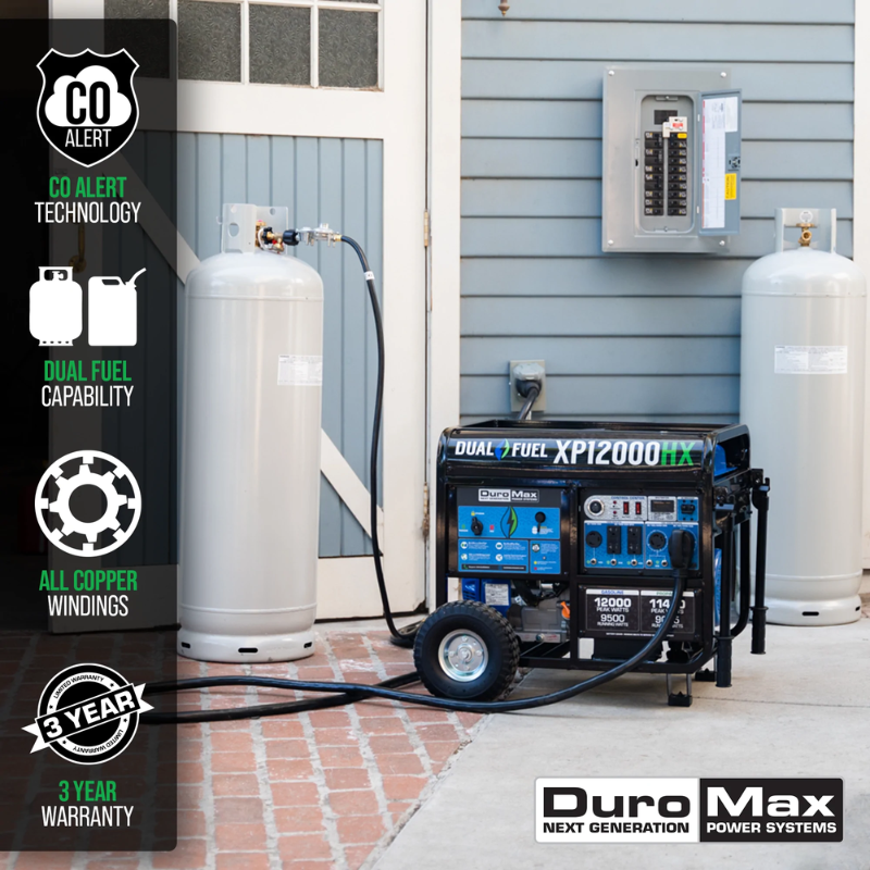 features of the DuroMax 12000 Watt Dual Fuel Portable HX Generator w/ CO Alert