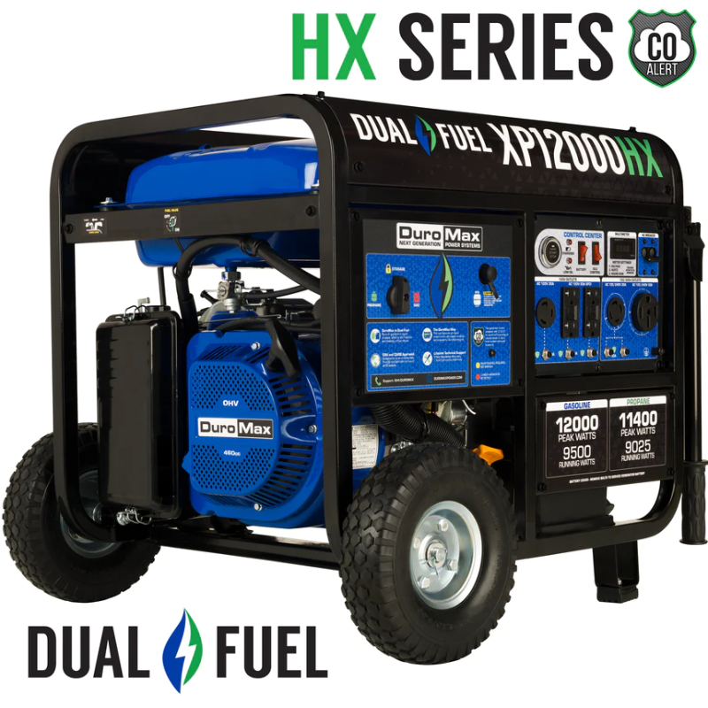 DuroMax Generador HX portátil de combustible dual de 12000 vatios con alerta de CO