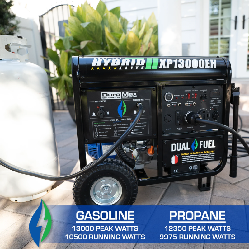 the DuroMax 13000 Watt Dual Fuel Portable Generator can run on gasoline or propane