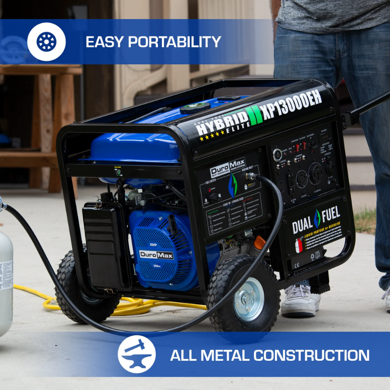 the DuroMax 13000 Watt Dual Fuel Portable Generator constructed of all metal