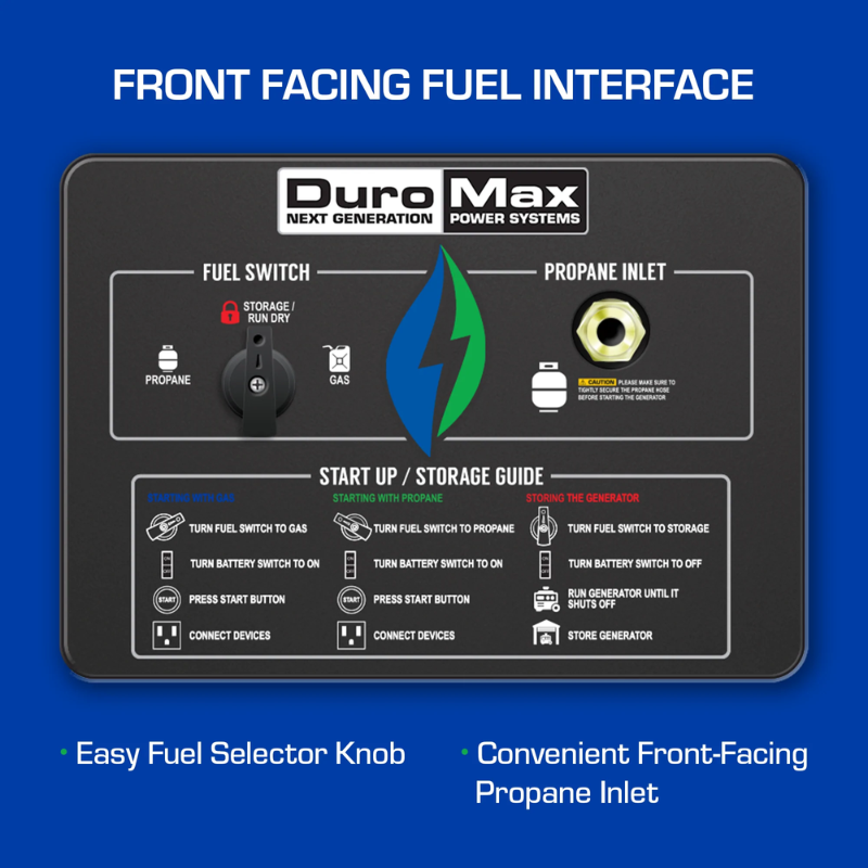 the DuroMax 13000 Watt Dual Fuel Portable Generator front facing fuel interface