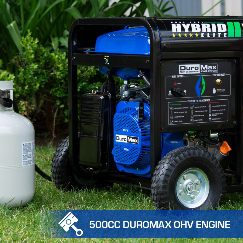 the DuroMax 13000 Watt Dual Fuel Portable Generator has a 500cc OHV engine