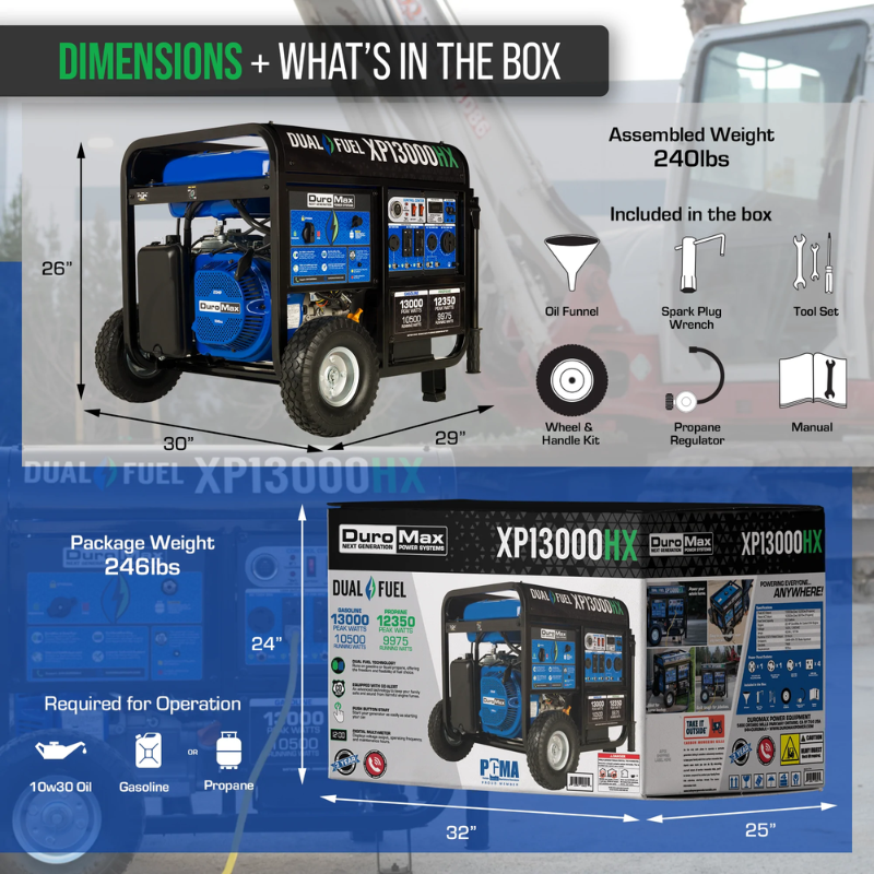 dimensions of the DuroMax 13000 Watt Dual Fuel Portable HX Generator w/ CO Alert