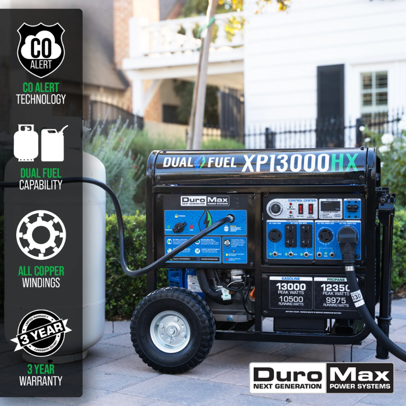 qualities of the DuroMax 13000 Watt Dual Fuel Portable HX Generator w/ CO Alert