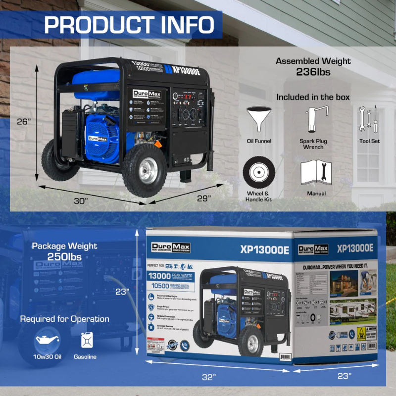 product info of the DuroMax 13000 Watt Gasoline Portable Generator