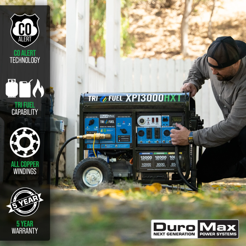 information about the DuroMax 13000 Watt Tri Fuel Portable Generator w/ CO Alert