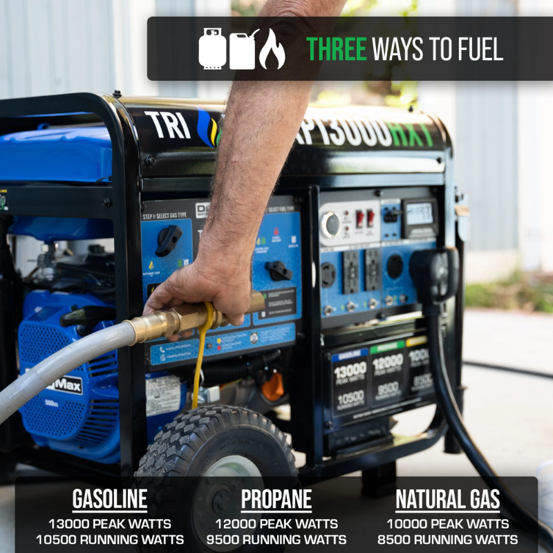 multiple ways to fuel the DuroMax 13000 Watt Tri Fuel Portable Generator w/ CO Alert