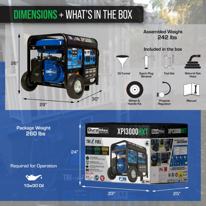dimensions of the DuroMax 13000 Watt Tri Fuel Portable Generator w/ CO Alert