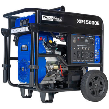 View of the front, side, and power panel of the DuroMax 15000 Watt Portable Generator