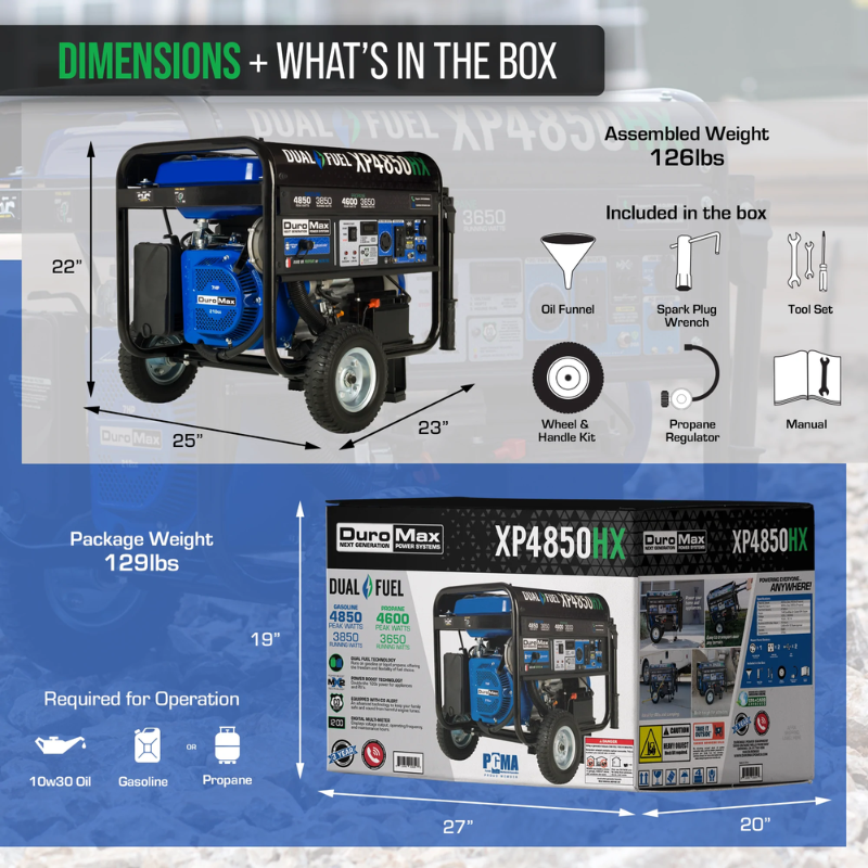 dimensions of the DuroMax 4850 Watt Dual Fuel Portable HX Generator w/ CO Alert