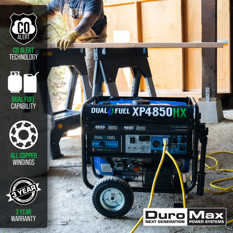 features of the DuroMax 4850 Watt Dual Fuel Portable HX Generator w/ CO Alert