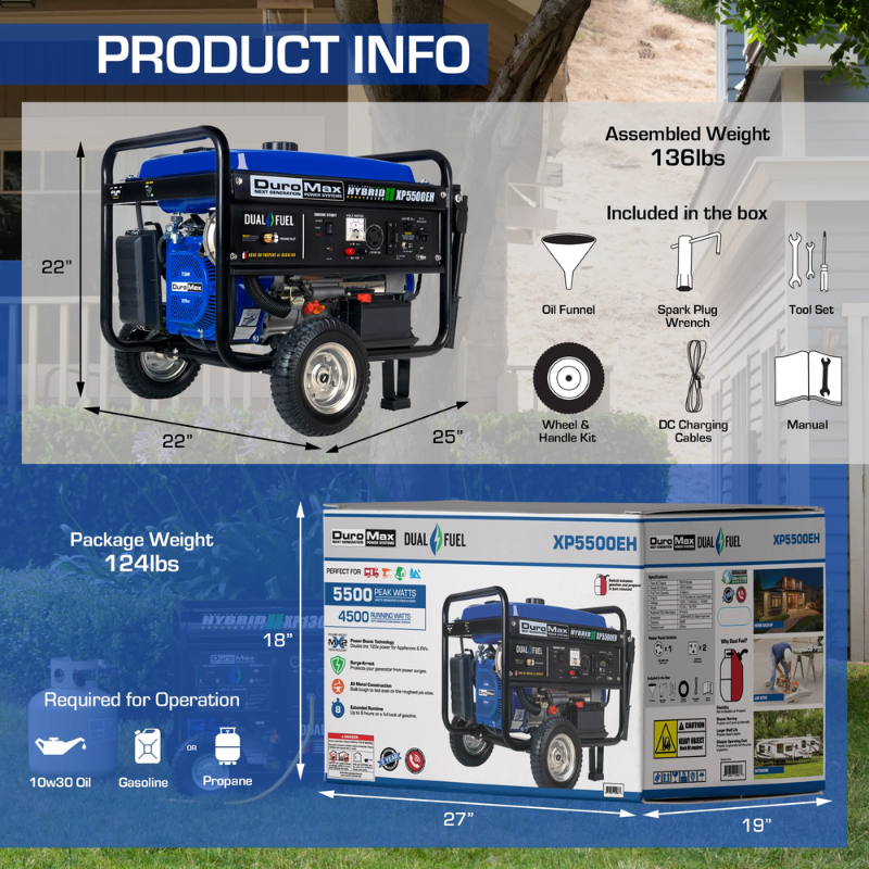 product information of the DuroMax 5500 Watt Dual Fuel Portable Generator