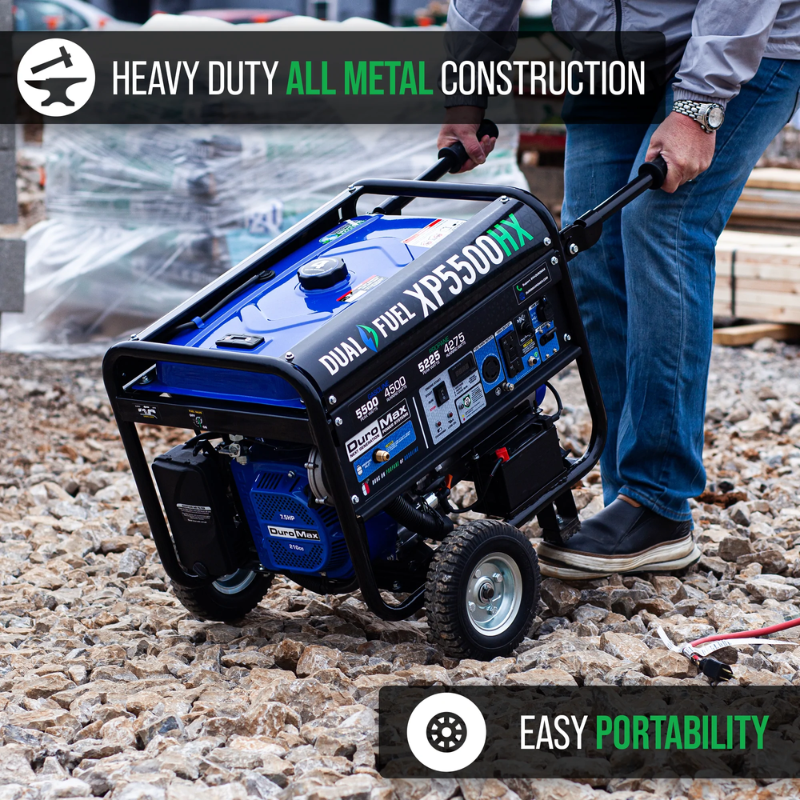 portability and all metal construction of the DuroMax 5500 Watt Dual Fuel Portable HX Generator w/ CO Alert