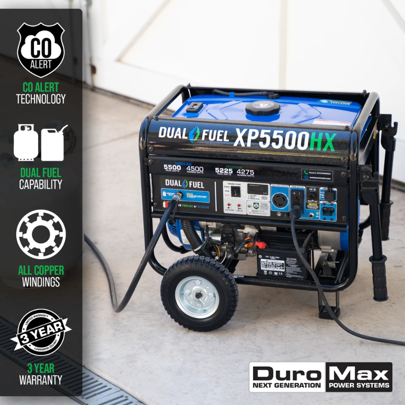 features of the DuroMax 5500 Watt Dual Fuel Portable HX Generator w/ CO Alert
