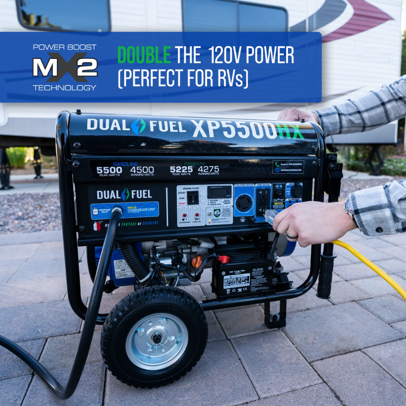double the 120V power for RVs with the DuroMax 5500 Watt Dual Fuel Portable HX Generator w/ CO Alert