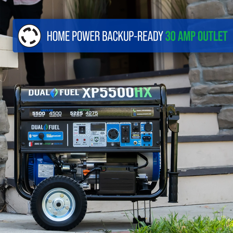 30 amp outlet of the DuroMax 5500 Watt Dual Fuel Portable HX Generator w/ CO Alert