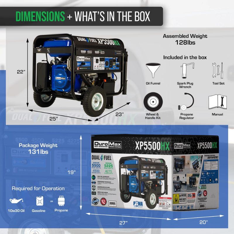dimensions of the DuroMax 5500 Watt Dual Fuel Portable HX Generator w/ CO Alert