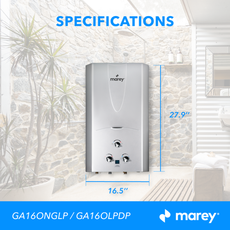Marey 16 Liter Liquid Propane Gas Tankless Water Heater - GA16OLPDP Specifications and Dimensions