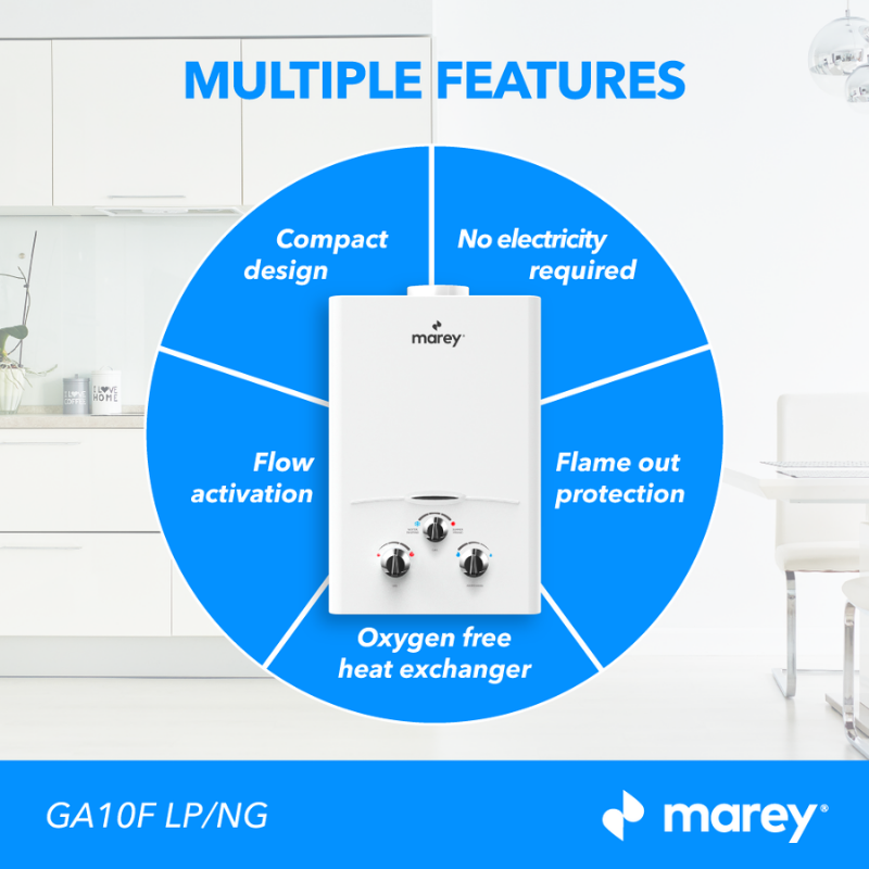 Marey GAS 10L – 2.64GPM Liquid Propane Tankless Water Heater features