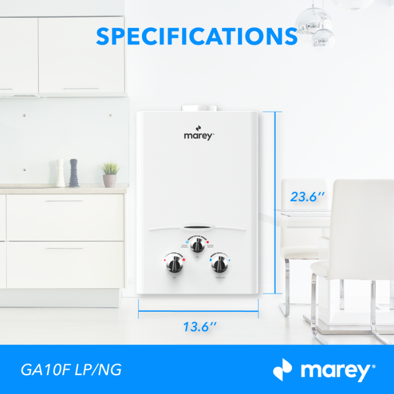 Marey GAS 10L – 2.64GPM Liquid Propane Tankless Water Heater Specifications