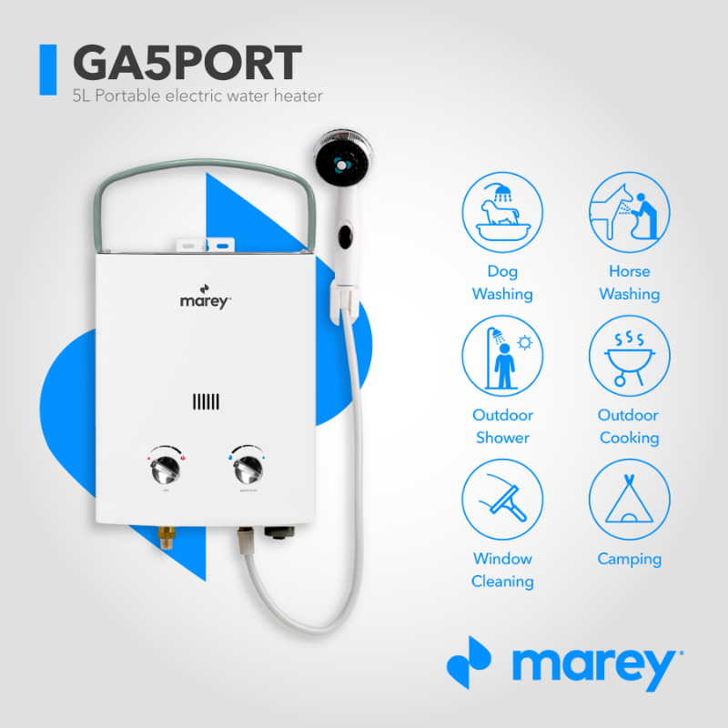 Marey Gas 5L Portable Liquid Propane Tankless Water Heater uses