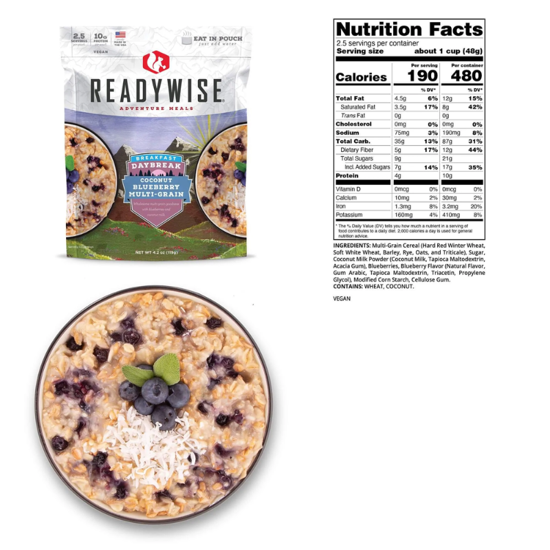 Picture and Nutrition Facts of the Coconut Blueberry Mult grain pouch