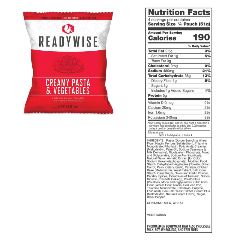 ReadyWise Creamy Pasta and Vegetables Nutrition Facts