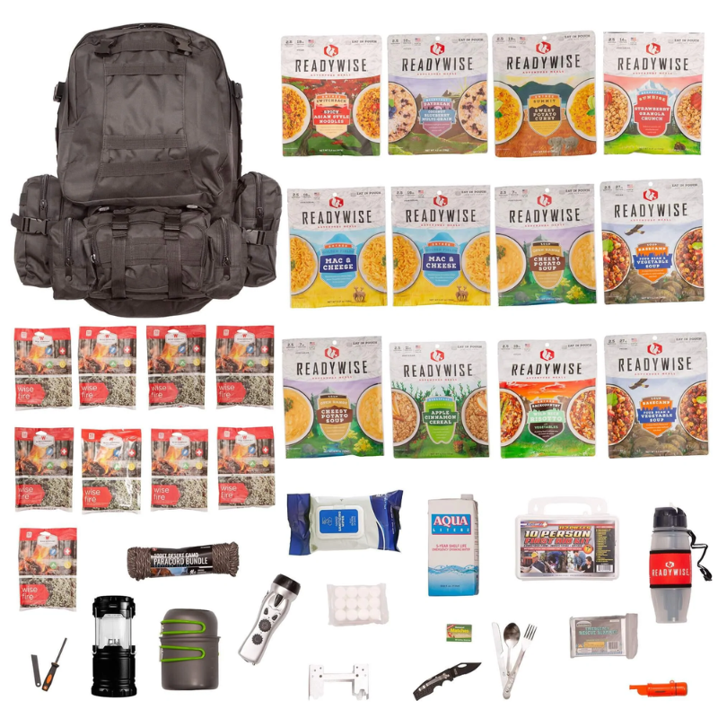 ReadyWise 3-Day Emergency Survival Backpack with each item laid out