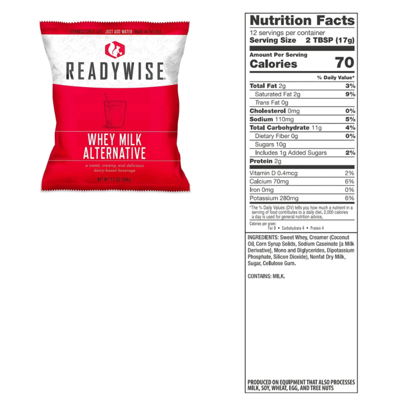 ReadyWise Emergency Whey Milk Alternative Nutritional Facts