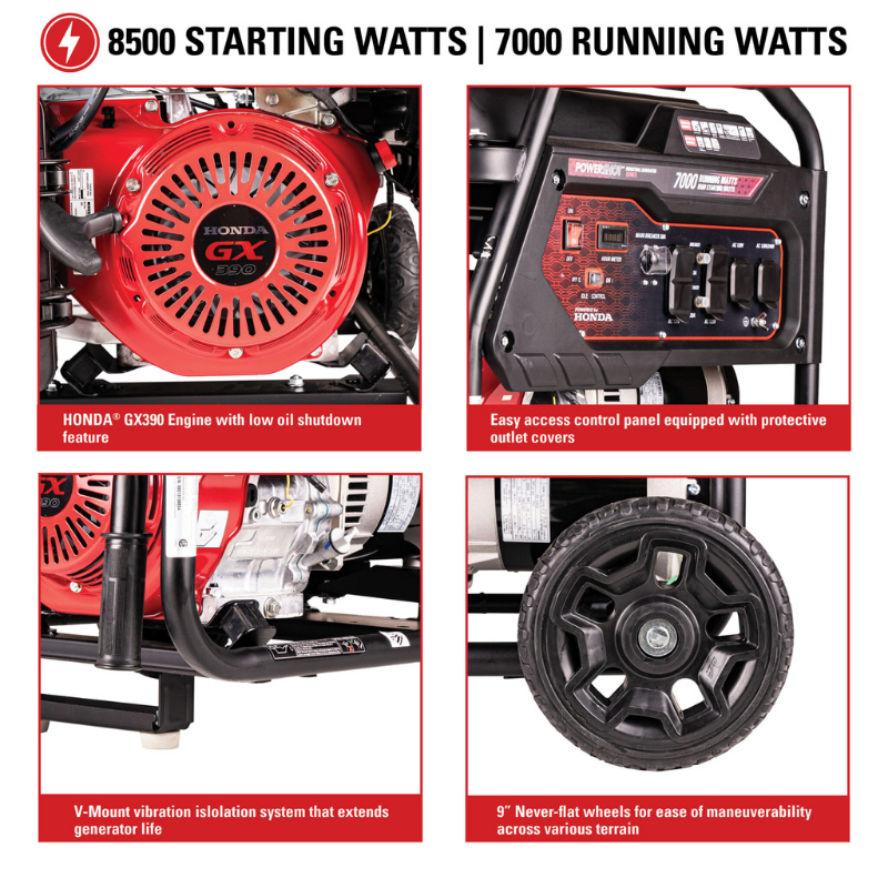 Simpson 7000-Watt Industrial Generator - SCGH8500 information on the engine and control panel